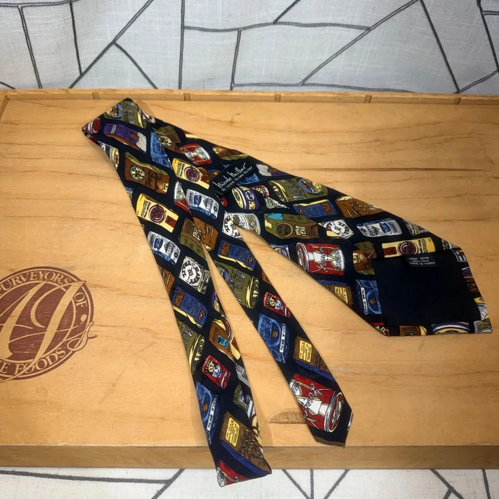 Nicole Miller Necktie OS Navy Blue‎ Coffee Tin Novelty Print Silk Hand Sewn Tie
